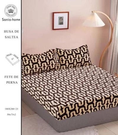 Husa cocolino cu elasatic 180x200x25cm, 2 fete de perne, Maro-Abstract