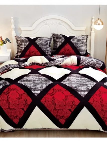Lenjerie Cocolino ,Super Pufoasa , Pat Dublu 4 piese, Gri-Rosu-Alb romburi CC026