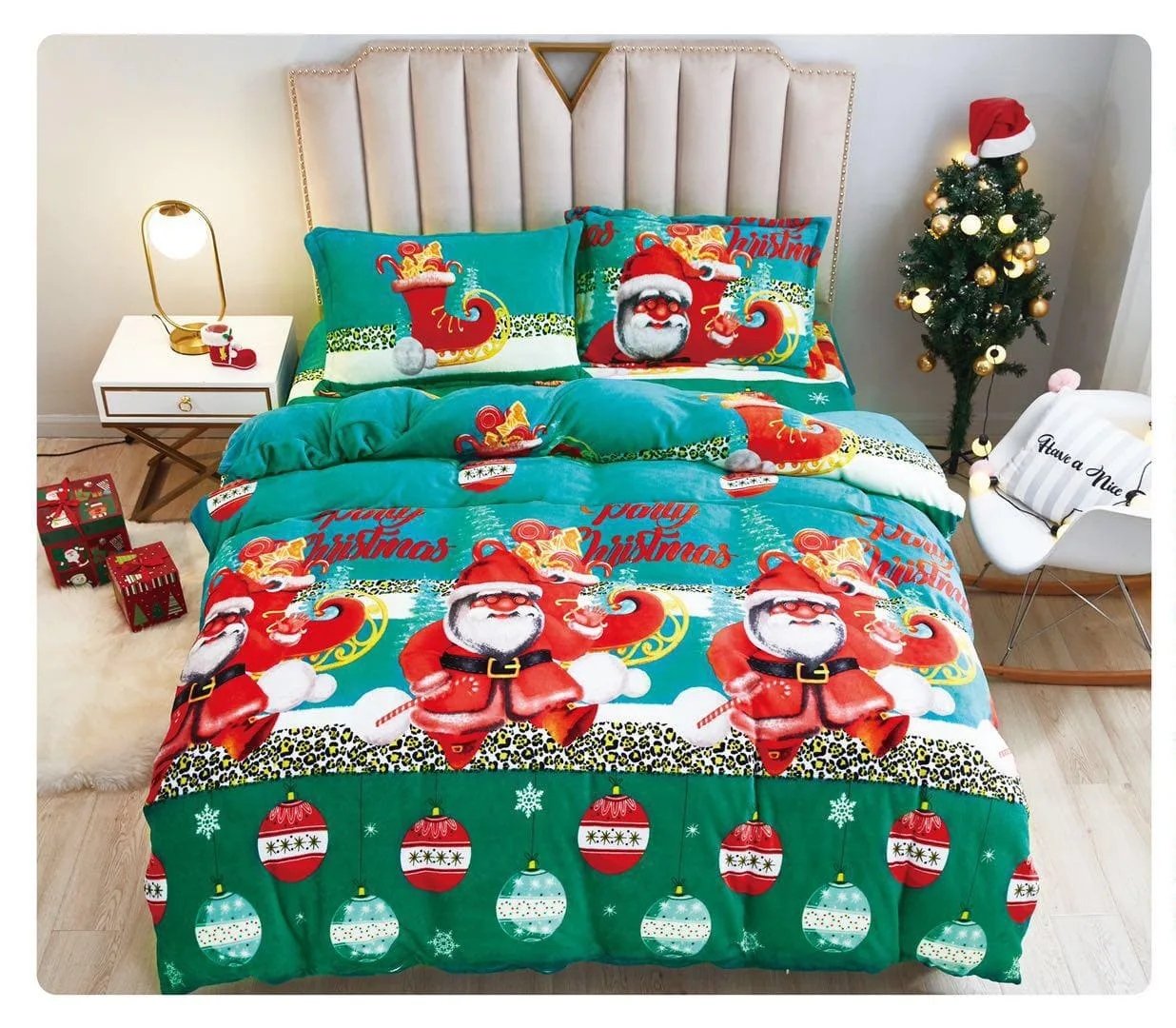 Lenjerie Cocolino cu Mos Craciun, Pentru Pat Dublu, 4 piese IC3