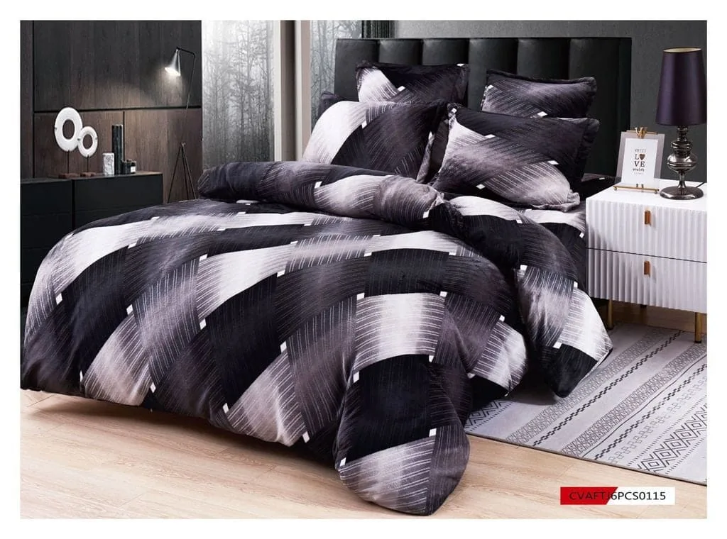 Lenjerie Cocolino ,Super Pufoasa , Pat Dublu 6 piese Alb Negru abstract C6C07