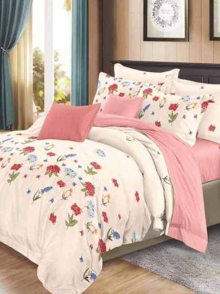Lenjerie BUMBAC FINET, 6 piese, cu ELASTIC Roz-Crem, floricele colorate