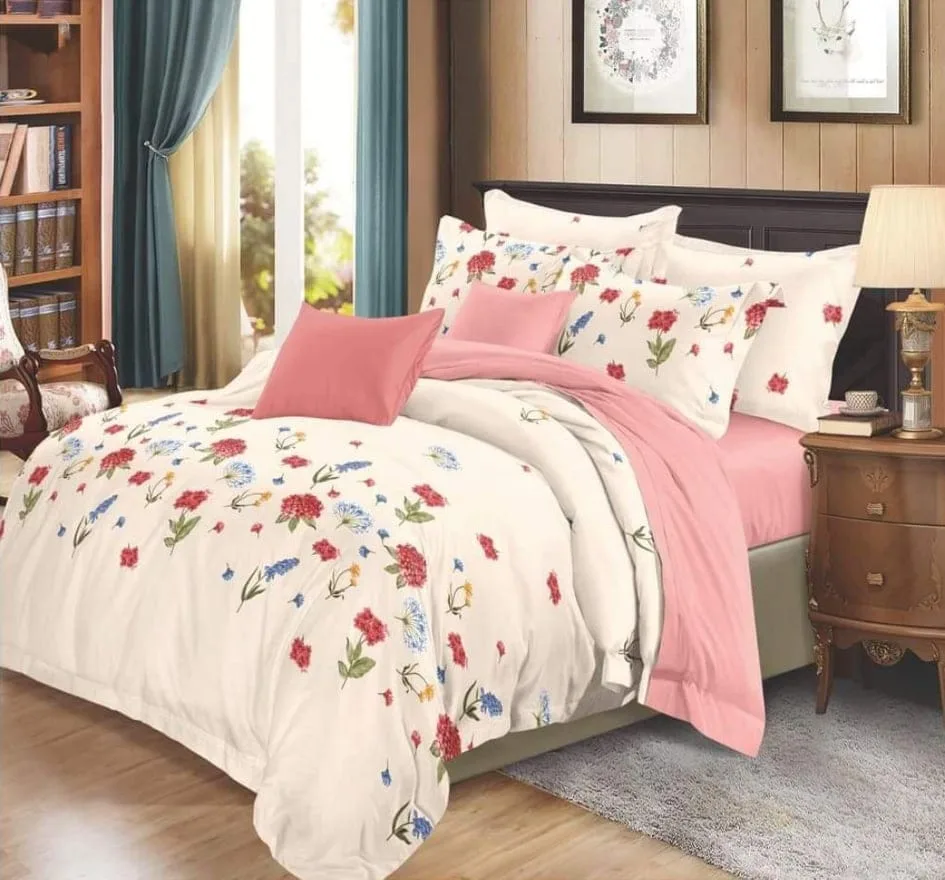 Lenjerie BUMBAC FINET, 6 piese, cu ELASTIC Roz-Crem, floricele colorate