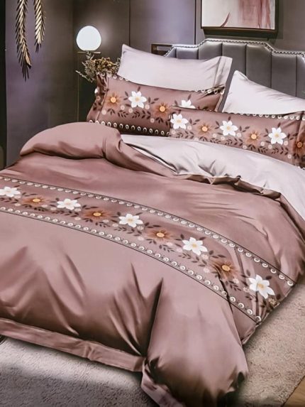 Lenjerie BUMBAC FINET, 6 piese, cu ELASTIC Maro, bordura cu floricele maro si albe