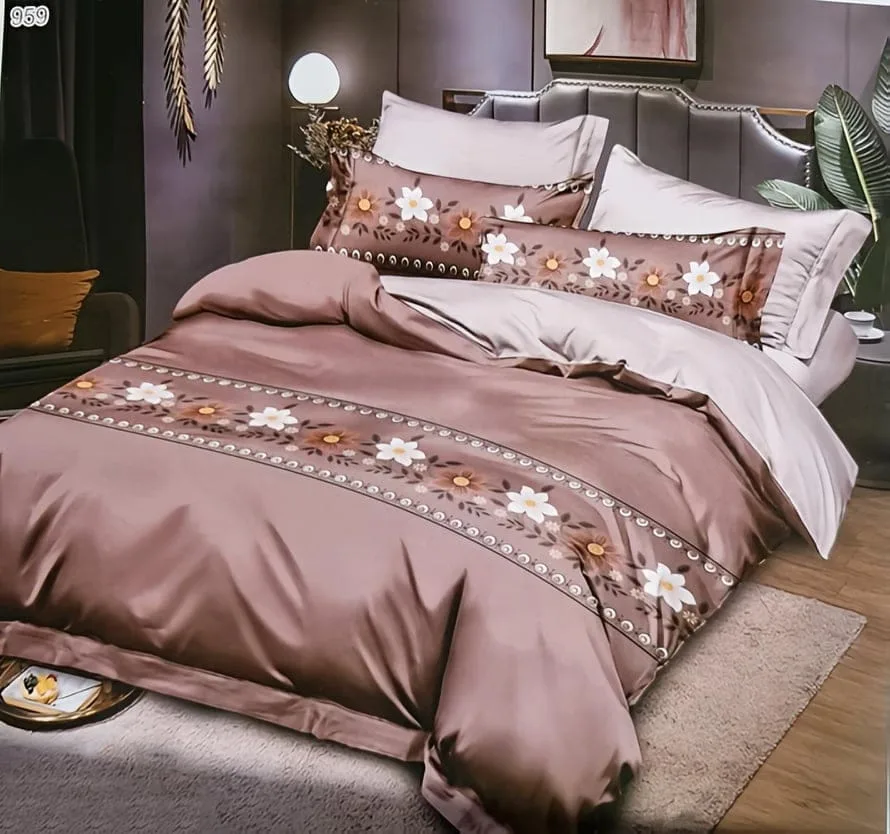 Lenjerie BUMBAC FINET, 6 piese, cu ELASTIC Maro, bordura cu floricele maro si albe