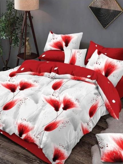 Lenjerie BUMBAC FINET, 6 piese, cu ELASTIC Alb-Rosu, flori colorate