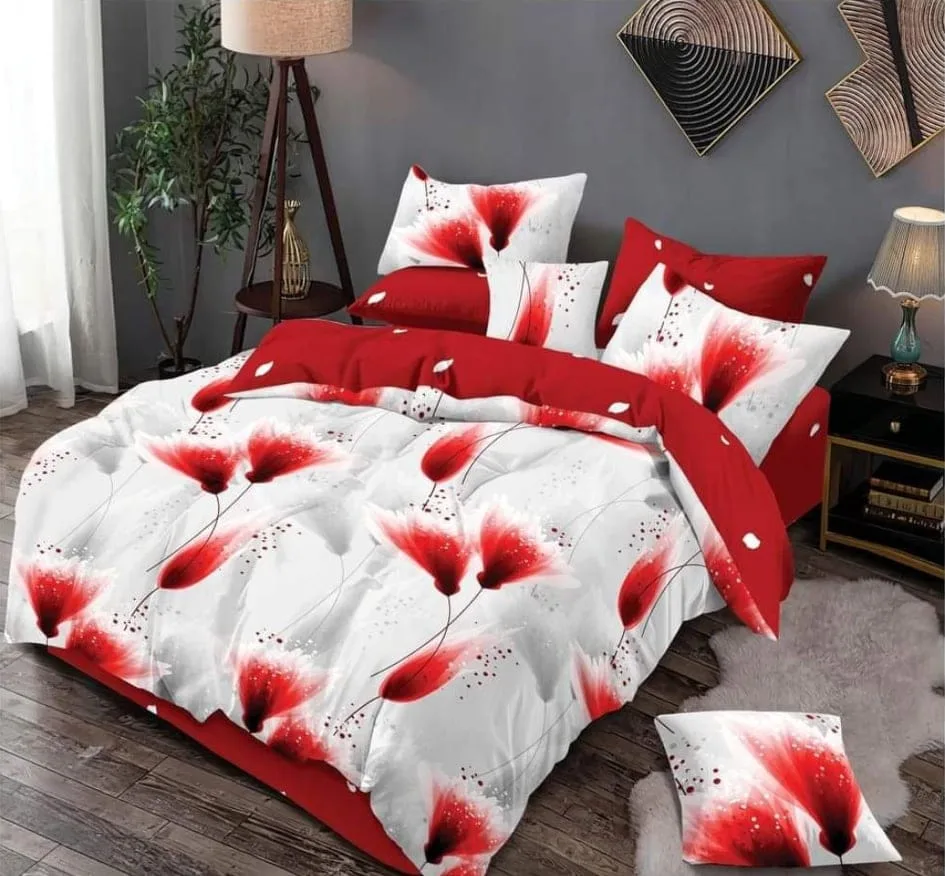 Lenjerie BUMBAC FINET, 6 piese, cu ELASTIC Alb-Rosu, flori colorate