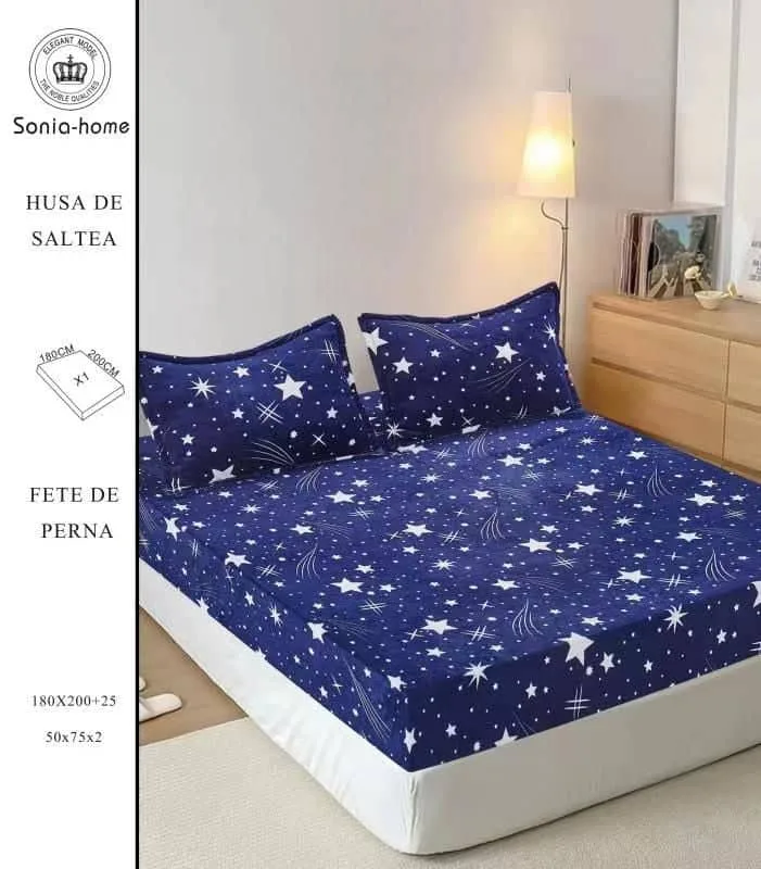 Husa cocolino cu elasatic 180x200x25cm, 2 fete de perne, Bleumarin-Alb stelute