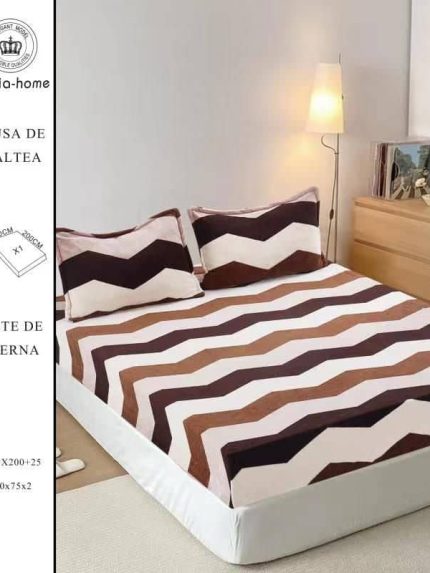 Husa cocolino cu elasatic 180x200x25cm, 2 fete de perne, Maro - Crem