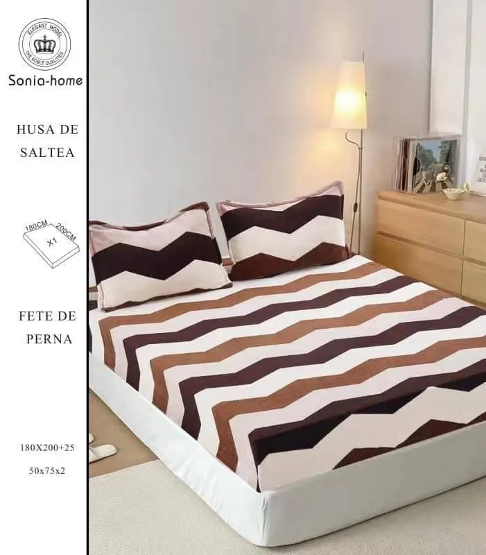 Husa cocolino cu elasatic 180x200x25cm, 2 fete de perne, Maro - Crem