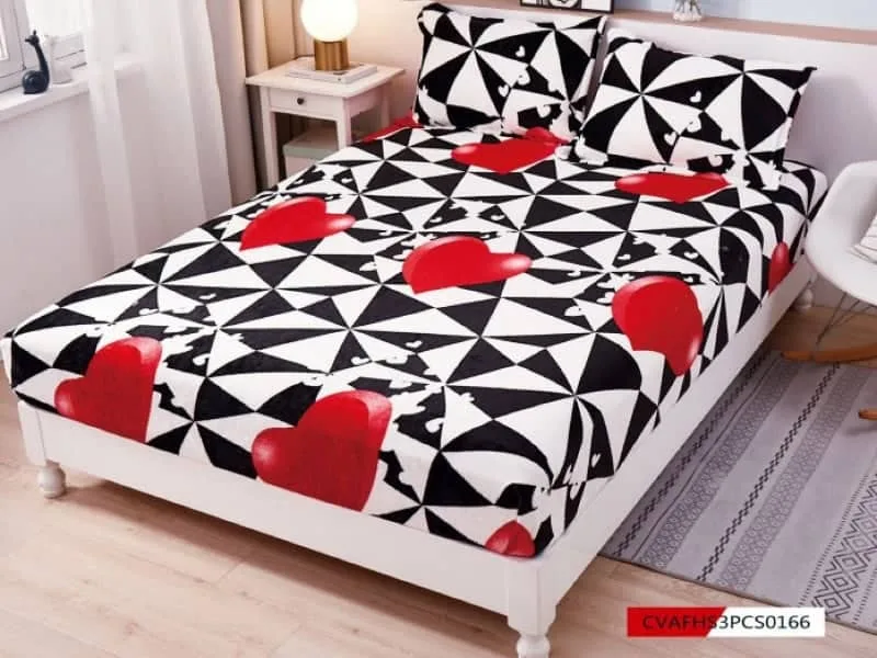 Husa cocolino cu elasatic 180x200x25cm, 2 fete de perne, Alb-Negru inimioare