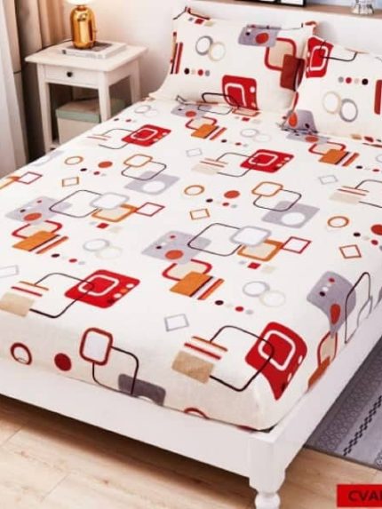 Husa cocolino cu elasatic 180x200x25cm, 2 fete de perne, Alb figuri geometrice