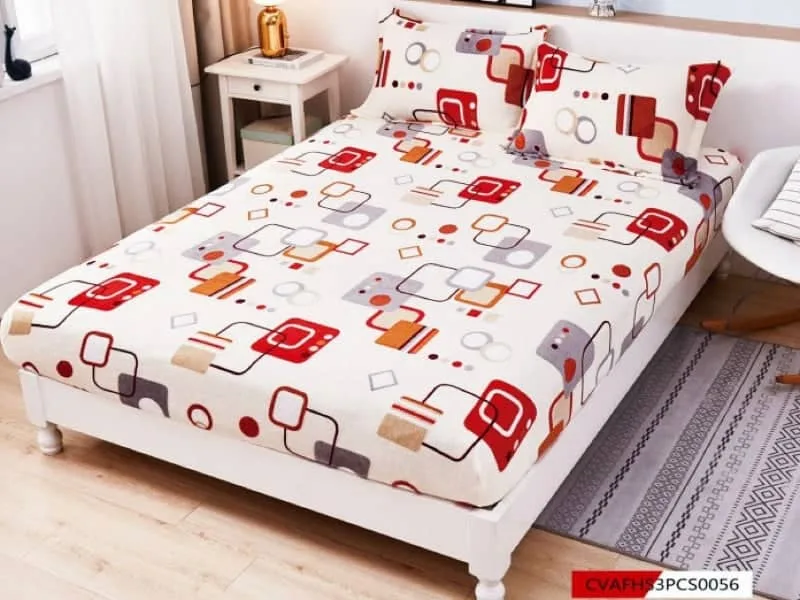 Husa cocolino cu elasatic 180x200x25cm, 2 fete de perne, Alb figuri geometrice