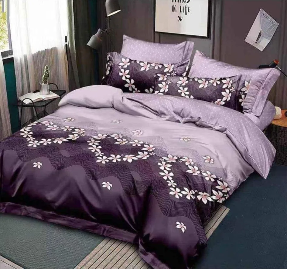 Lenjerie BUMBAC FINET, 6 piese, cu ELASTIC Mov - floricele, inimioare