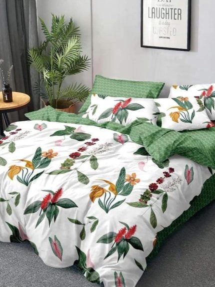 Lenjerie BUMBAC FINET, 6 piese, cu ELASTIC Alb-Verde, flori colorate