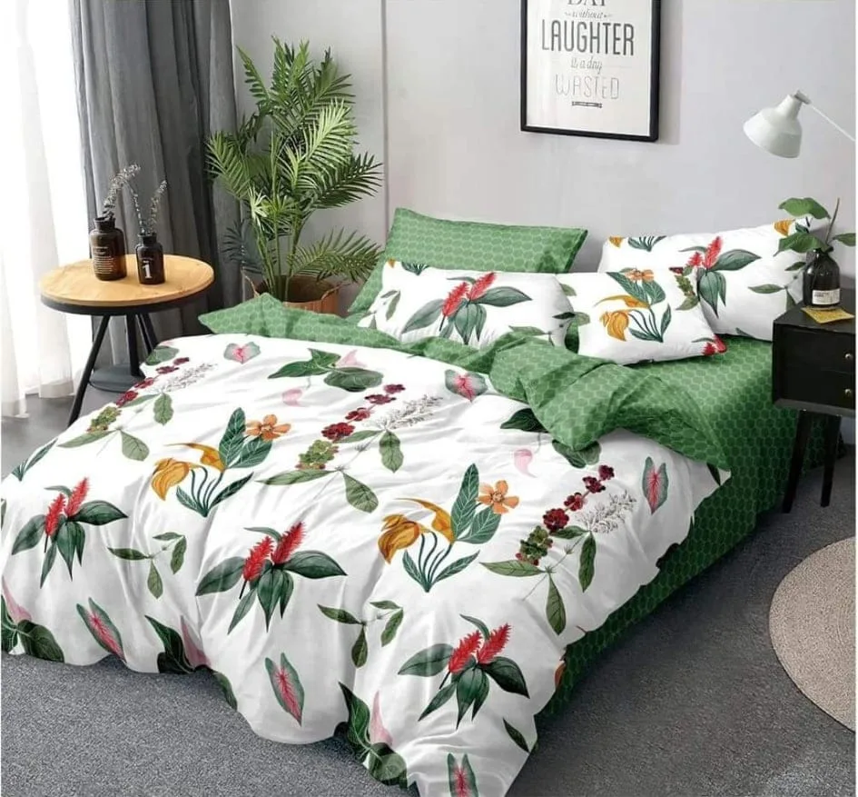 Lenjerie BUMBAC FINET, 6 piese, cu ELASTIC Alb-Verde, flori colorate