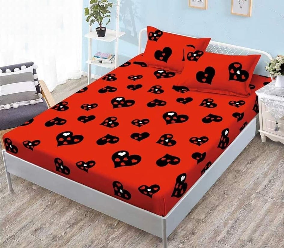 Husa cocolino cu elasatic 180x200x25cm, 2 fete de perne, Rosu inimioare