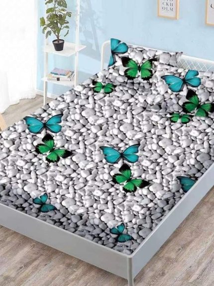 Husa cocolino cu elasatic 180x200x25cm, 2 fete de perne, Gri pietre fluturi