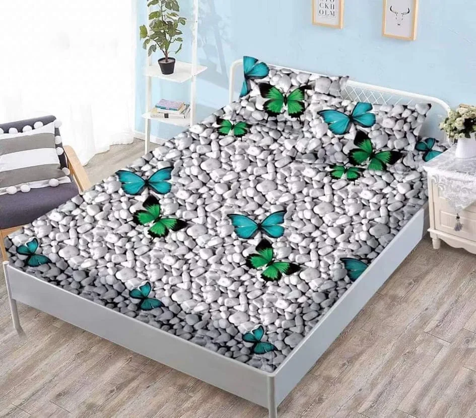 Husa cocolino cu elasatic 180x200x25cm, 2 fete de perne, Gri pietre fluturi