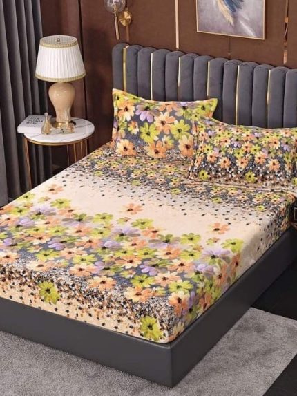 Husa cocolino cu elasatic 180x200x25cm, 2 fete de perne, Crem-Multicolor, flori