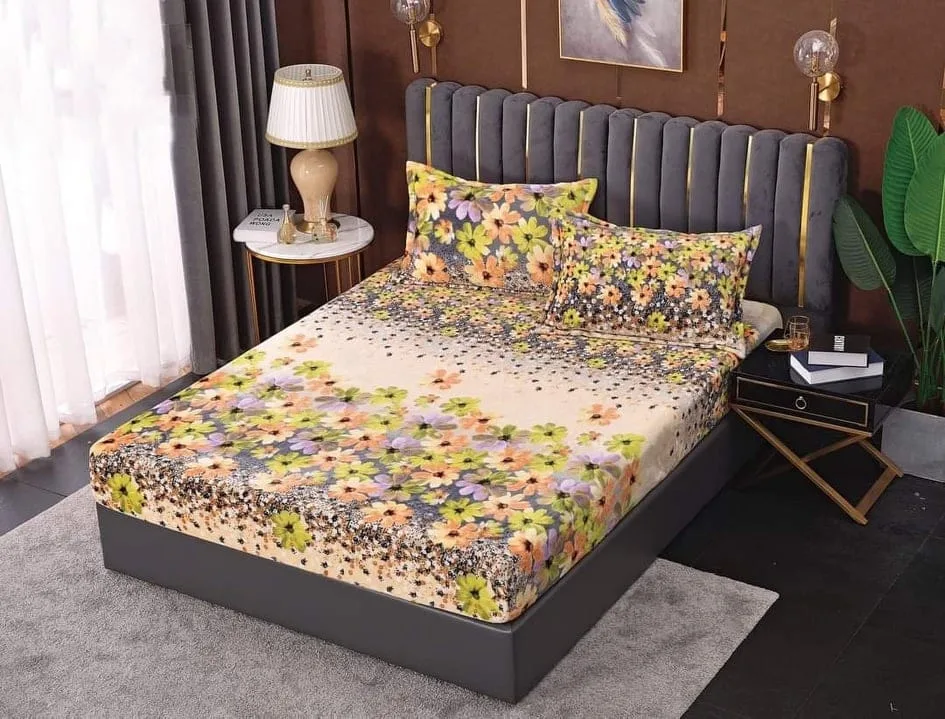 Husa cocolino cu elasatic 180x200x25cm, 2 fete de perne, Crem-Multicolor, flori