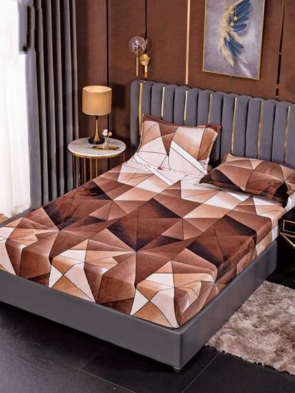 Husa cocolino cu elasatic 180x200x25cm, 2 fete de perne, Maro figuri geometrice