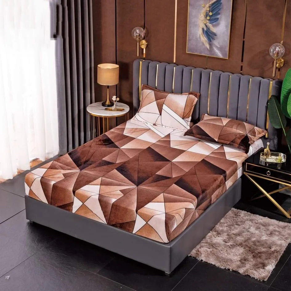 Husa cocolino cu elasatic 180x200x25cm, 2 fete de perne, Maro figuri geometrice
