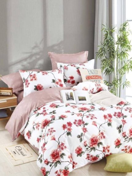 Lenjerie BUMBAC FINET, 6 piese, JOJO Home, Roz-Alb trandafiri FYN1