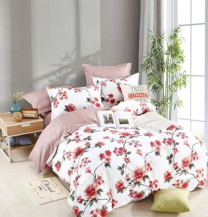 Lenjerie BUMBAC FINET, 6 piese, JOJO Home, Roz-Alb trandafiri FYN1