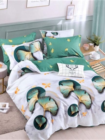 Lenjerie BUMBAC FINET, 6 piese, JOJO Home, Alb-Verde flori FYN4