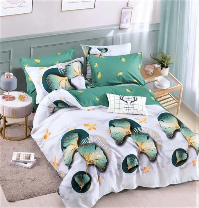 Lenjerie BUMBAC FINET, 6 piese, JOJO Home, Alb-Verde flori FYN4
