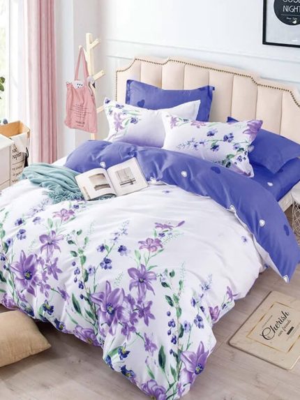 Lenjerie BUMBAC FINET, 6 piese, JOJO Home, Alb- Blue, floricele FYN 10