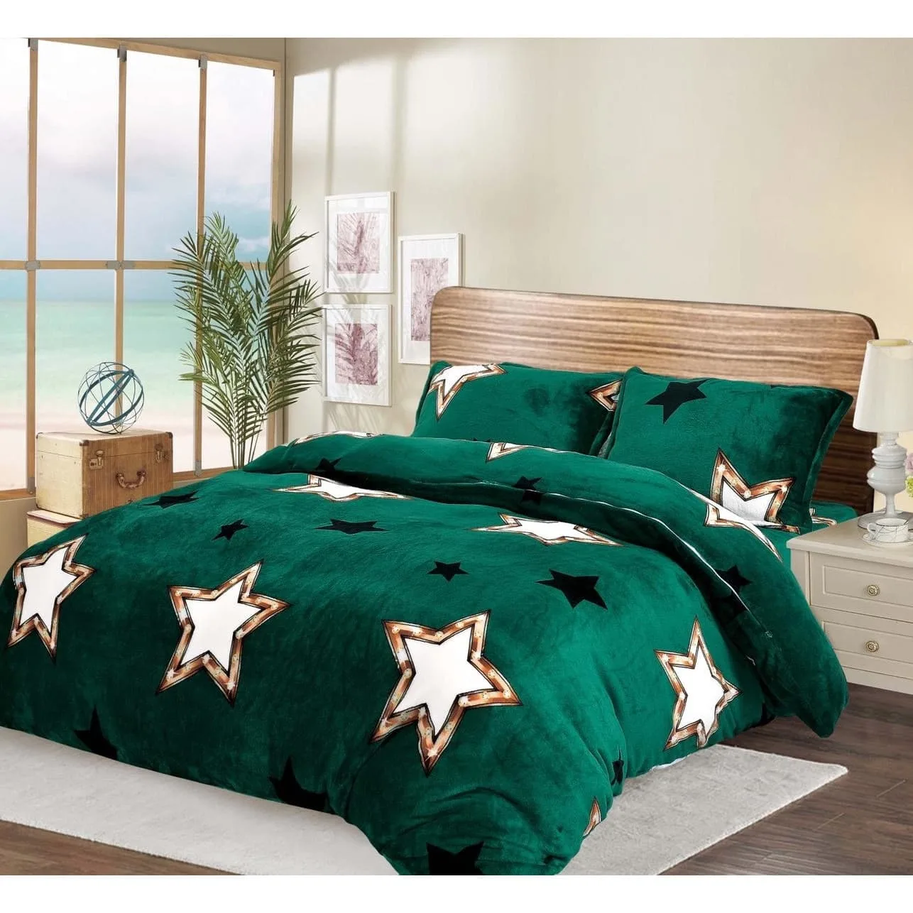 Lenjerie Cocolino, Super Pufoasa, Pat Dublu 4 piese, verde cu stelute