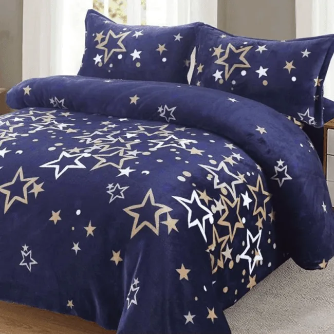 Lenjerie Cocolino, Super Pufoasa, Pat Dublu 4 piese, Blue - stelute aurii