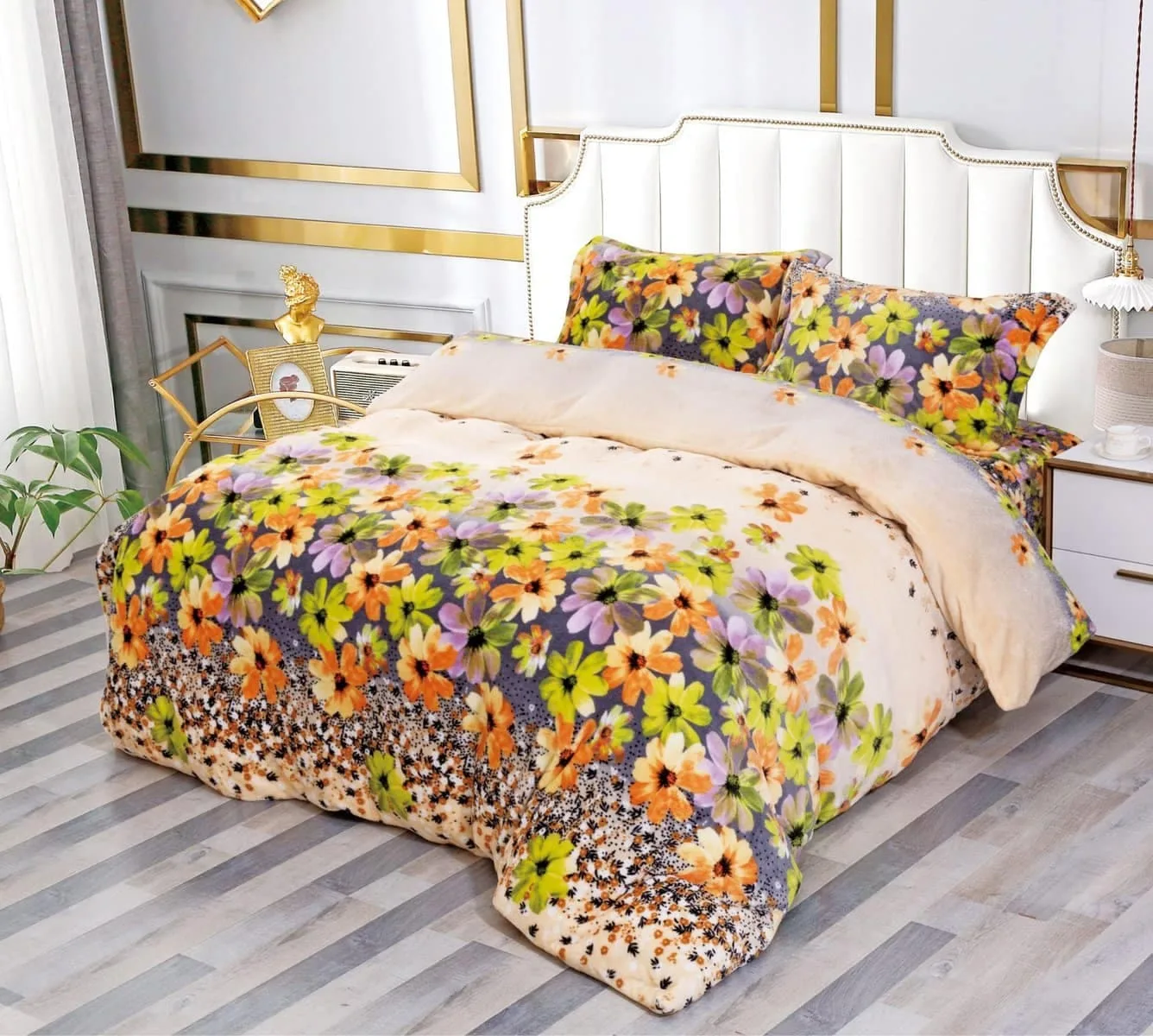 Lenjerie Cocolino, Super Pufoasa, Pat Dublu 4 piese, Crem - imprimeu floral