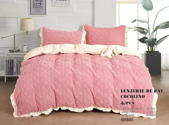 Lenjerie Cocolino Tip Tricotaj, Super Pufoasa, Pat Dublu 4 piese, Roz
