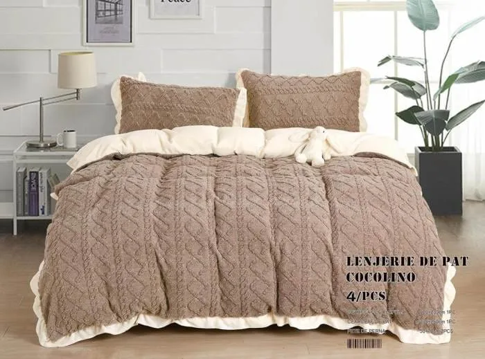Lenjerie Cocolino Tip Tricotaj, Super Pufoasa, Pat Dublu 4 piese, Maro