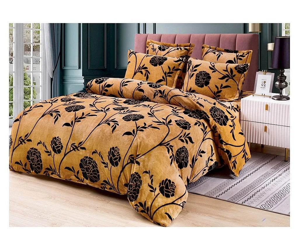 Lenjerie Cocolino ,Super Pufoasa , Pat Dublu 6 piese Mustar Negru C6C08