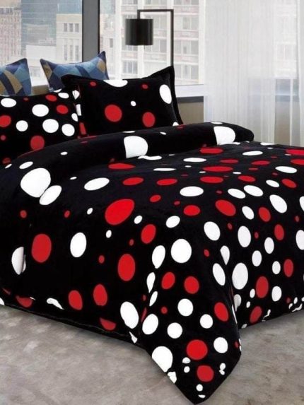 Lenjerie Cocolino, Super Pufoasa, Pat Dublu 4 piese, Negru cu Cerculete Alb-Rosu