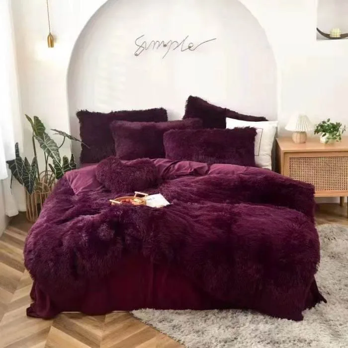 Lenjerie pat super pufoasa COCOLINO Fluffy 6 piese cu ELASTIC, Visiniu