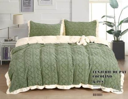 Lenjerie Cocolino Tip Tricotaj, Super Pufoasa, Pat Dublu 4 piese, Verde
