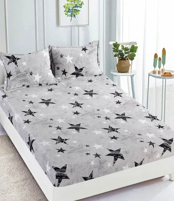 Husa cocolino cu elasatic 180x200x25cm, 2 fete de perne, Gri cu Stelute