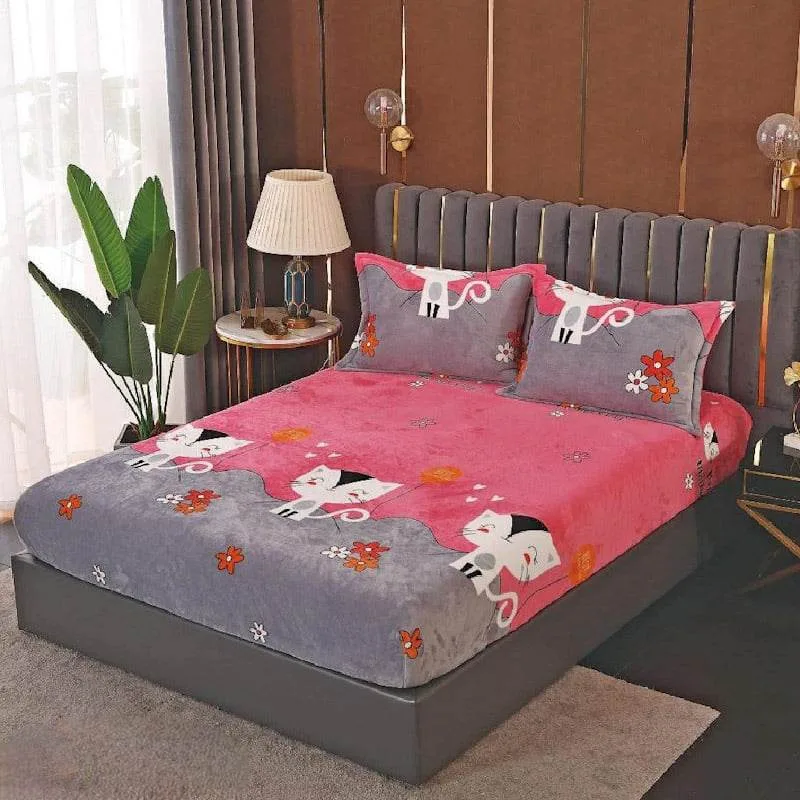 Husa cocolino cu elasatic 180x200x25cm, 2 fete de perne, Gri Roz, Pisicute