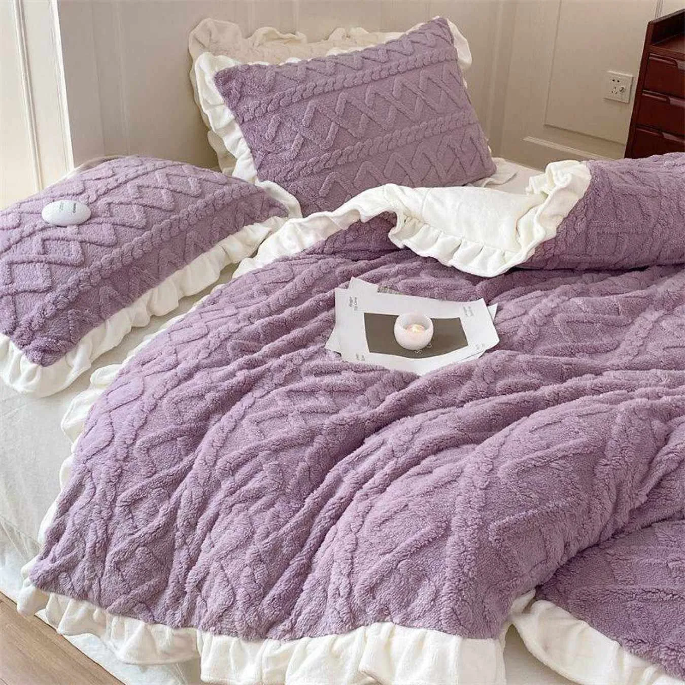 Lenjerie Cocolino Tip Tricotaj, Super Pufoasa, Pat Dublu 4 piese, Lila