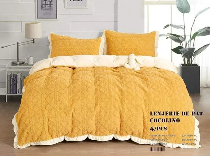 Lenjerie Cocolino Tip Tricotaj, Super Pufoasa, Pat Dublu 4 piese, Galben
