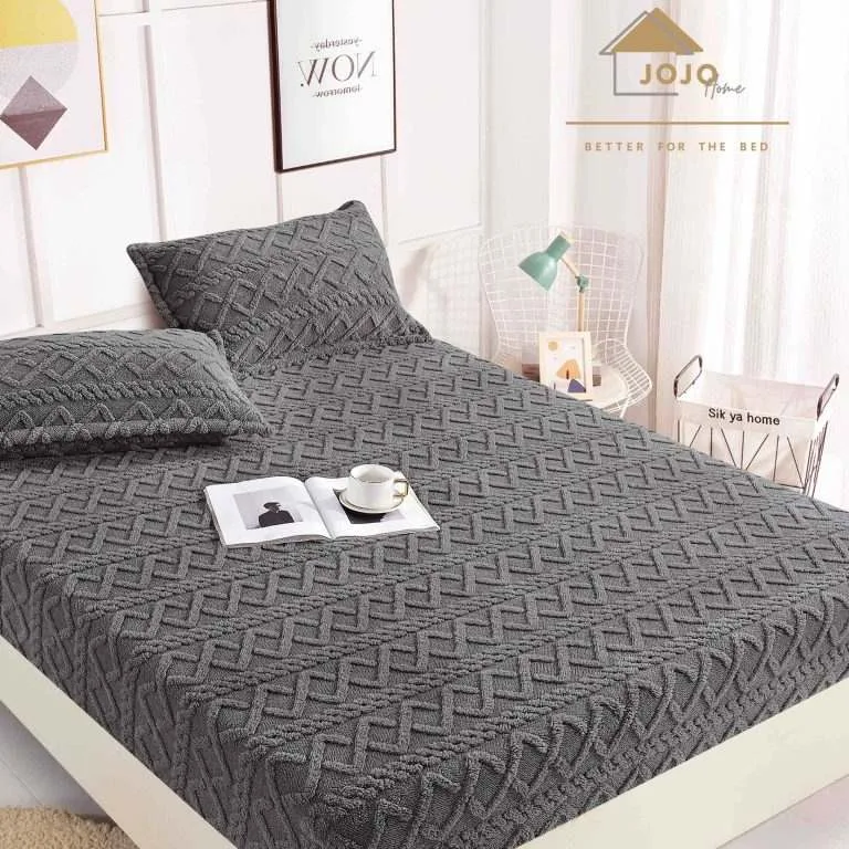 Husa cocolino cu elastic, 180x200x25cm, 2 fete de perne, Jojo Home, model Tricotat, Gri