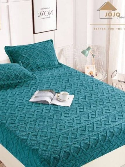 Husa cocolino cu elastic, 180x200x25cm, 2 fete de perne, Jojo Home, model Tricotat, Albastru