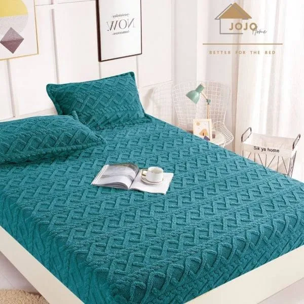 Husa cocolino cu elastic, 180x200x25cm, 2 fete de perne, Jojo Home, model Tricotat, Albastru