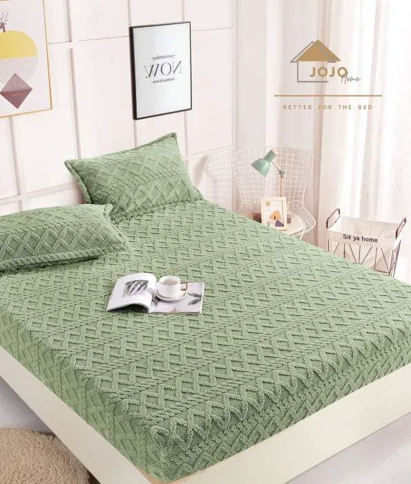 Husa cocolino cu elastic, 180x200x25cm, 2 fete de perne, Jojo Home, model Tricotat, Verde