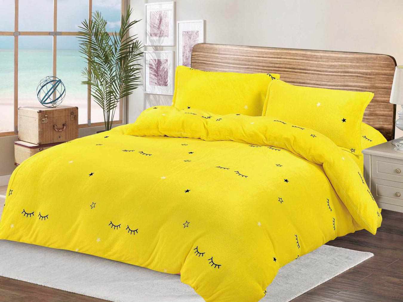 Lenjerie Cocolino, Super Pufoasa, Pat Dublu 4 piese, Galben-Negru, Gene, Stelute
