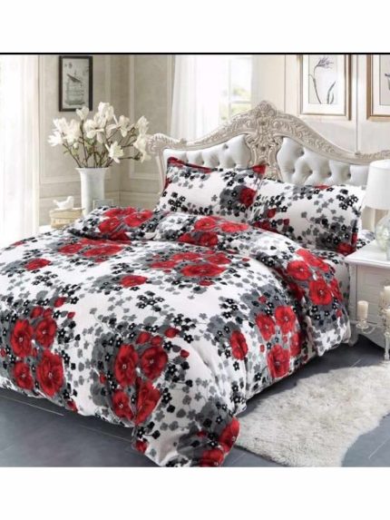 Lenjerie Cocolino ,Super Pufoasa, Pat Dublu 4 piese, Alb, Floricele Rosii CC038